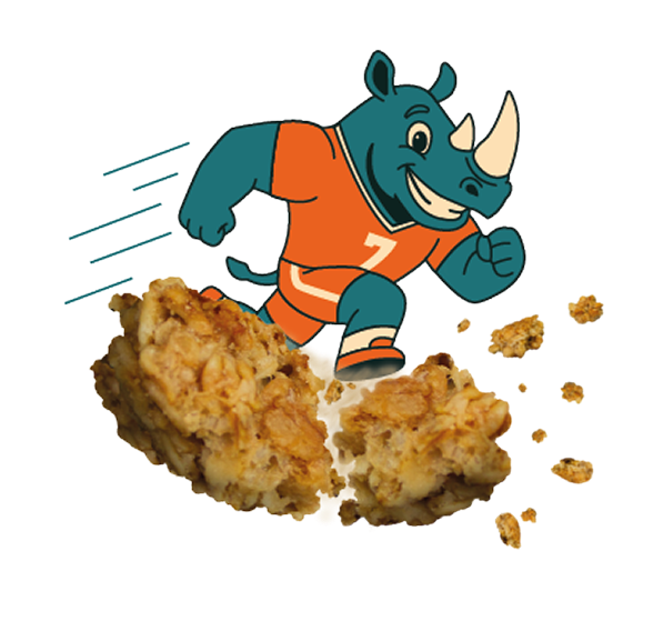Rhino Chunks mascotte die door een cornflake chunk breekt